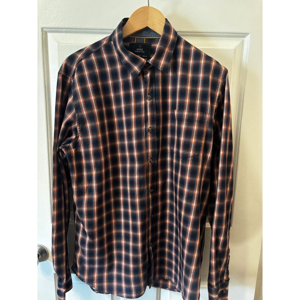 MBX Premium Goods Fall Colors Plaid Button Down Shirt Navy Orange Mens Lg